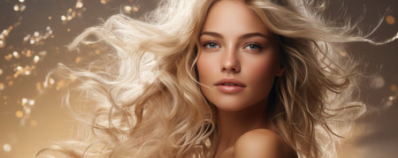 Portrait of young beautiful female model with long blonde wavy hair on golden sparkling background. bannerの素材