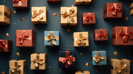 Pattern of red, blue, and craft gift boxes with golden ribbon on black festive background, top view.の素材