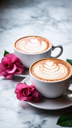 White cup of tasty cappuccino with latte art on white marble table background with pink roses.の写真素材