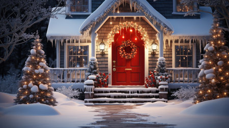 Entrance for festive decorated house for holidays covered with snow, winter poster.の素材