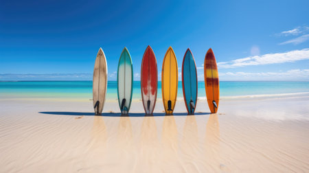 Many colorful surfboards at white sand beachの素材