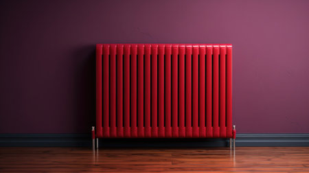 Red bright heating radiator in an apartmentの写真素材