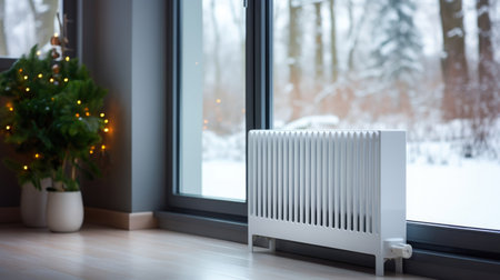 Warm up your apartment with the white radiatorの写真素材