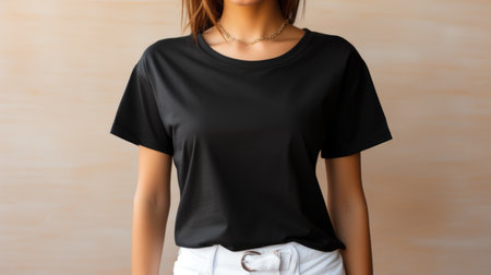 Front view presentation of black T-shirt mock-up with a blank design areaの写真素材
