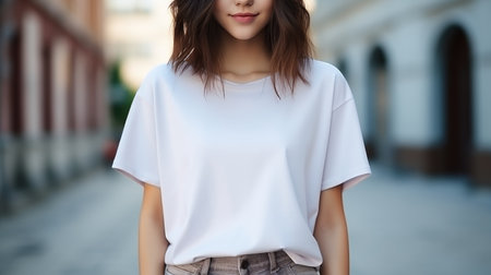 Young woman in white tshirt mockup standing in the street.の写真素材