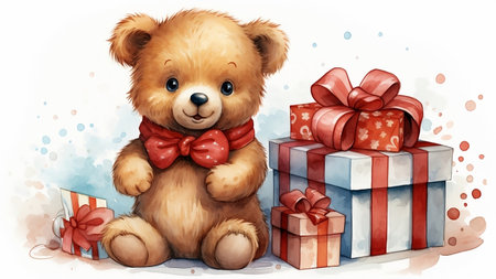 cartoon scene with cute teddy bear with gift boxes. Watercolor christmas card.の素材