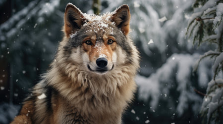 Close-up portrait of wild wolf on snow in the natureの写真素材