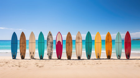Summer wallpaper background with many colorful surfboards at the beachの素材