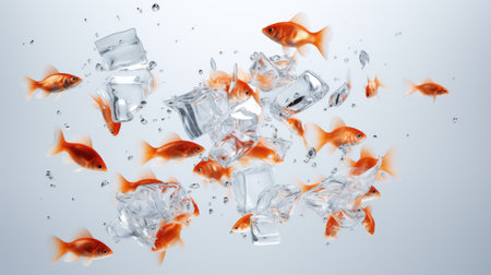 Many orange fresh fish with ice in water with splashesの写真素材