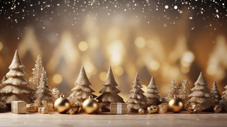 Golden Christmas background with Christmas trees and decorative balls with some snowflakes, magic lights.の写真素材