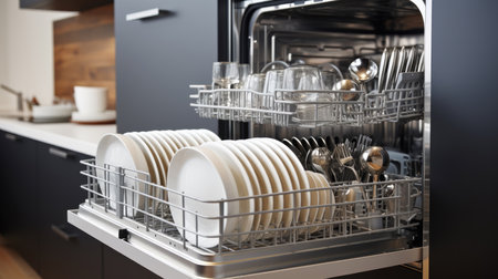 Open door of built-in dishwasher in modern minimalistic kitchen with integrated appliancesの写真素材
