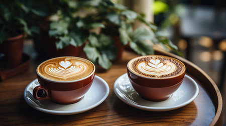 Two cups of tasty cappuccino with latte art on wooden table background in cafe.の素材