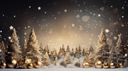Golden Christmas background with Christmas trees, magic lights. xmas card with copy space.の素材