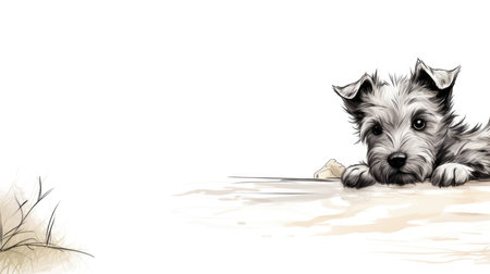 hand sketch of cute pet dog in white and black, copy spaceの素材