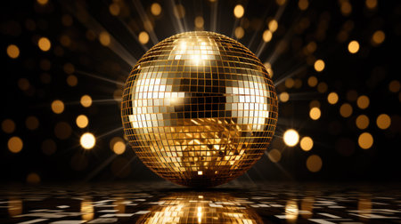 Golden disco mirror ball reflect light on glitter dark canvas background.の素材