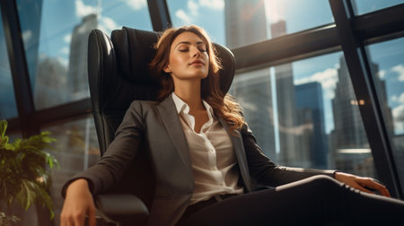 Woman in suit relaxing in office chair after meeting with downtown viewの素材