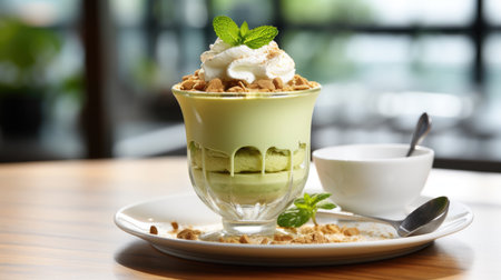 matcha tiramisu in glass on table in cafe restaurant.の素材