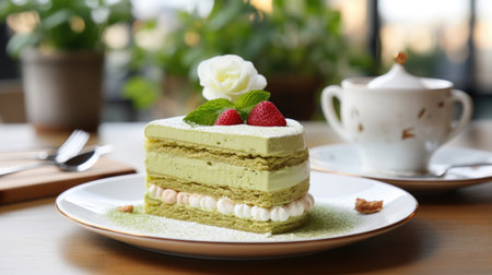 matcha cheese cake with berries on table in cafe restaurant.の素材