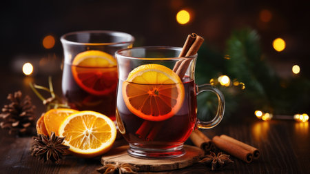 Christmas mulled hot wine with orange, cinnamons.の素材