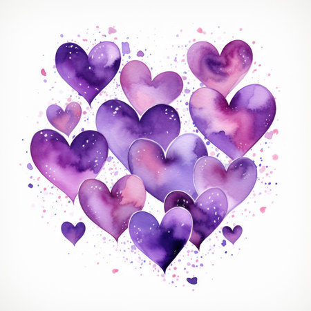 Many violet and blue hearts on white background, watercolor post card for valentine day.の素材