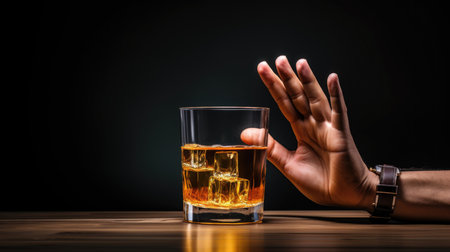 man refuses say no to alcohol, whiskey glass, stop hand sign, cropped photoの素材