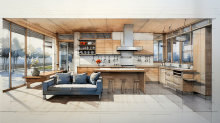 Comfort in style: A watercolor portrayal of a small kitchen, embodying Liaigre-inspired furniture and modern minimalism, showing comfort and quality design.の素材
