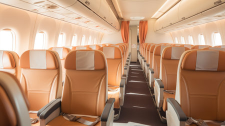 the tranquil beauty of an airplane interior in soothing beige tones, creating an oasis of calm during your journeyの素材