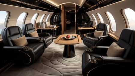 Black and beige interior of a private jet, luxury life concept.の素材