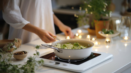 woman is cooking in pans on electric stove with vegetables in kitchen interior homeの素材