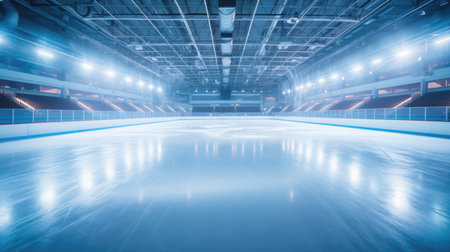 Hockey ice rink sport arena empty field - stadium with white and blue lights.の素材