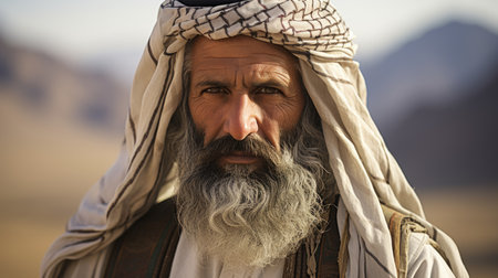 Amidst the desert expanse, an Arab man's portrait in national dress evokes a nomadic spirit, blending heritage and modernityの素材