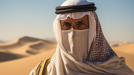 Capturing the soul of the desert, an Arab man dons traditional clothing, his portrait echoing the timeless beauty of the dunesの素材