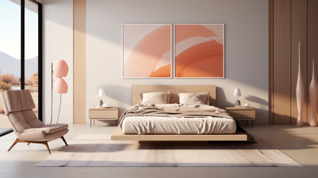 minimalistic interior of bedroom in peach fuzz colors with shadows and lights from windowの素材