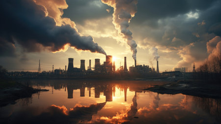 Plant pipes pollute atmosphere. Industrial factory pollution, smokestack exhaust gases.の素材