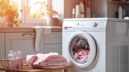laundry room, washing machine with pink towels.の素材