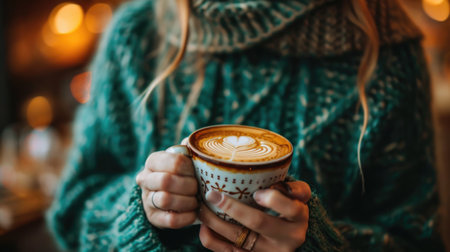 woman in green sweater holding white mug of cappuccino with heart shape latte artの素材