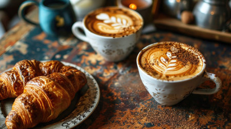 Two Delicious croissants and cappuccino in white cups with latte art. top viewの素材