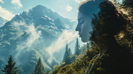 Portrait of woman with green trees and mountains made in the double exposure technique. Environmental consciousness conceptの素材