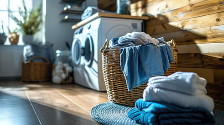 washing machine and full basket of cloths in laundry room at the apartment with sunlightの素材