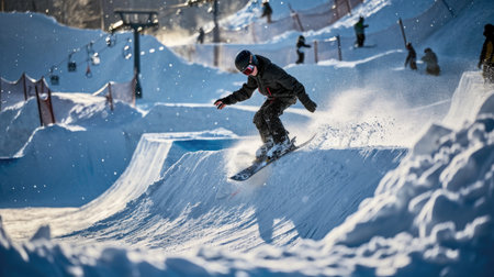 Snowboarder launching off a jump in snowy mountain. kid playing in snowparkの素材