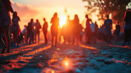 a blurred scene reveals the joyous atmosphere of a beach gatheringの素材