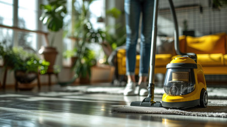 Woman holding yellow vacuum cleaner in modern minimalistic apartment and cleaning carpetの素材
