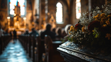 black coffin in church with blurred people on the background saying good bye to relative.の素材