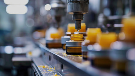 front view cosmetic cream production line in brown bottles. Beauty concept.の素材