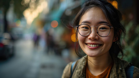 Beaming with joy, an Asian student poses in front of the university for a vibrant portrait. Copy spaceの素材