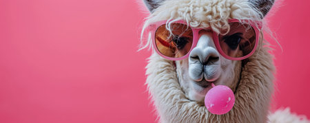 Cute lama alpaca with gum on pink background with copy spaceの素材