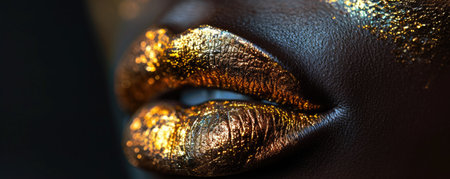 Close-up of golden lips on beautiful black skin, a glamorous fashion statementの素材