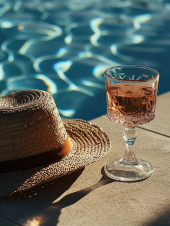 Rose wine in glass by straw hat on the edge of blue swimming pool. Vacation time concept.の素材
