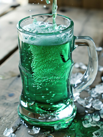 Festive green beer pouring into a glass on a concrete surfaceの素材