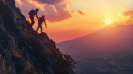 man helping friend reach the mountain, support conceptの素材